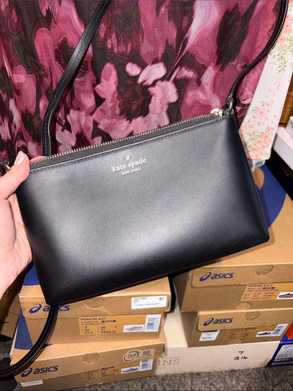 kate spade Black Leather Slim Crossbody with Gold Logo